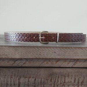 Vintage braided woven look brown leather belt silver buckle